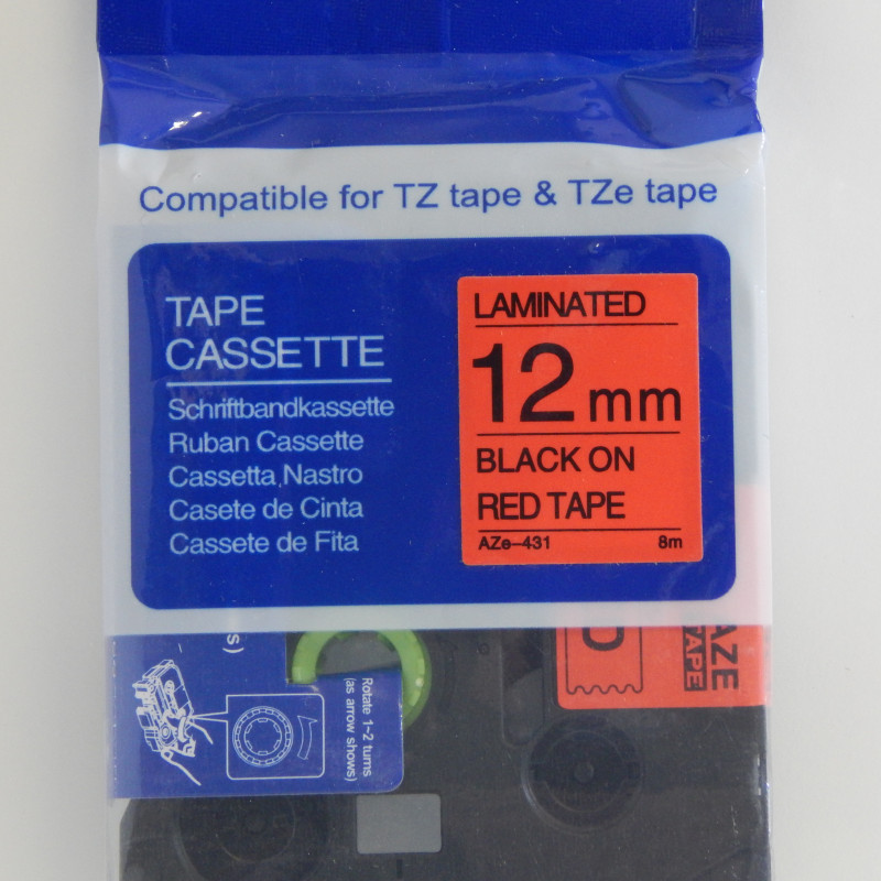 PREMIUM-Schriftband 12mm / 8m kompatibel für BROTHER TZe431 schwarz auf rot