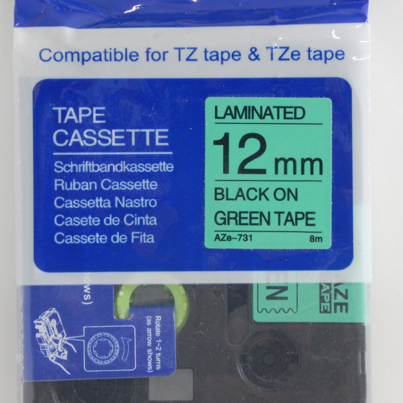 PREMIUM-Schriftband 12mm / 8m kompatibel für BROTHER TZe731 schwarz auf grün