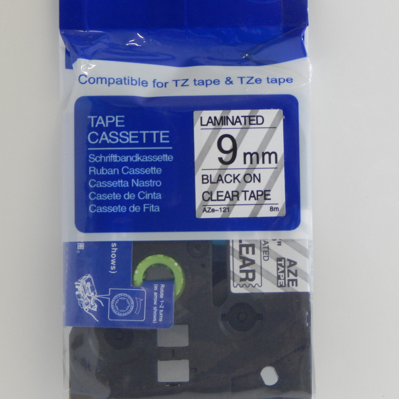 PREMIUM-Schriftband 9mm / 8m kompatibel für BROTHER TZe121 schwarz auf transparent