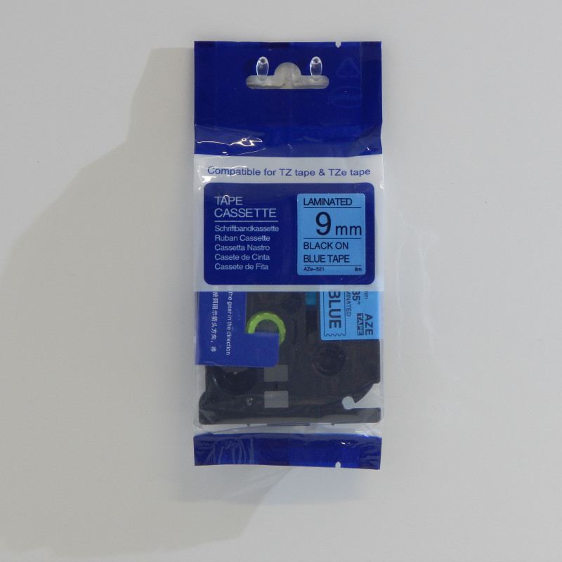 PREMIUM-Schriftband 9mm / 8m kompatibel für BROTHER TZe521 schwarz auf blau