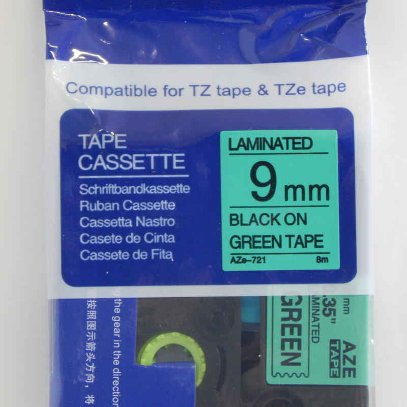 PREMIUM-Schriftband 9mm / 8m kompatibel für BROTHER TZe721 schwarz auf grün